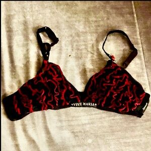 VIVE MARIA Bralette Ruffle Detail Black and Red Lace Bra RARE